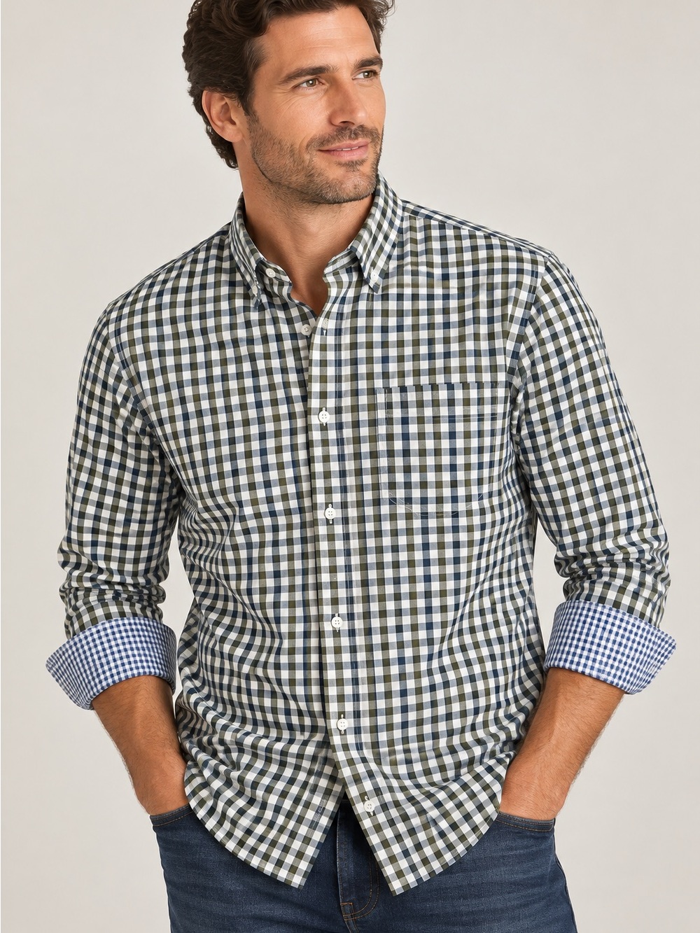 Johnston & Murphy XC4 Gingham Stretch Shirt Navy Olive Men’s L 🟫